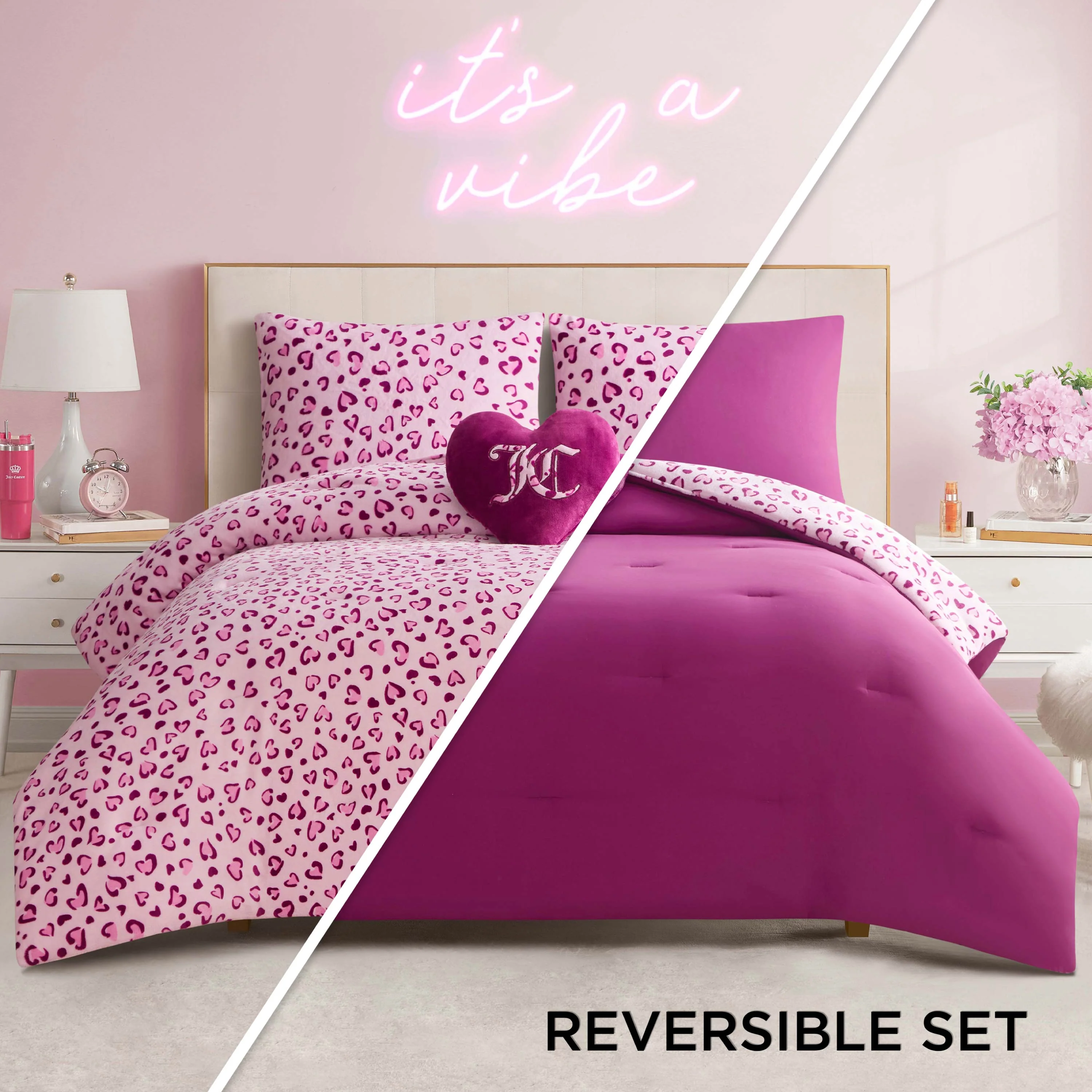 Plush Reversible Leopard Hearts Comforter Set - Image 2