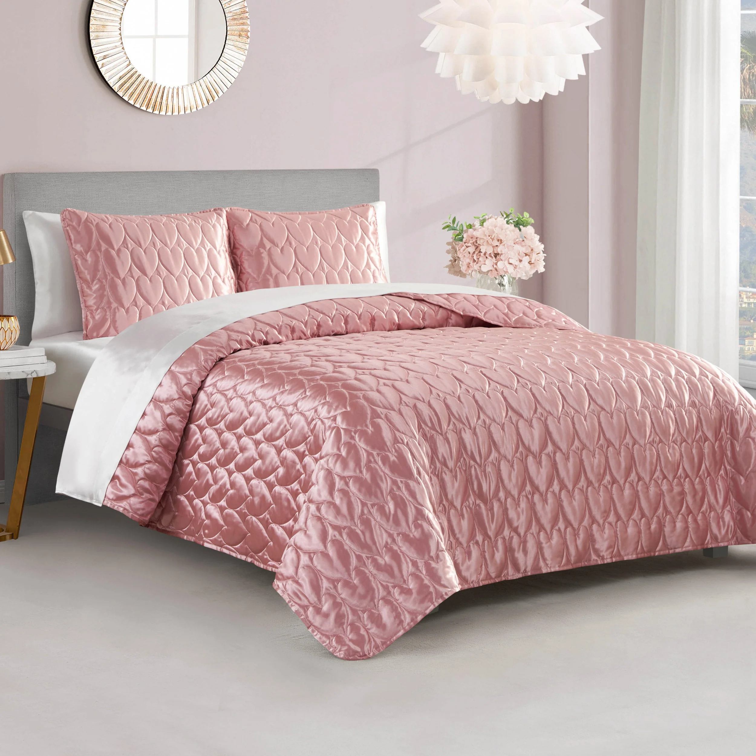 Satin Heart Stitched Quilt Set - Image 2